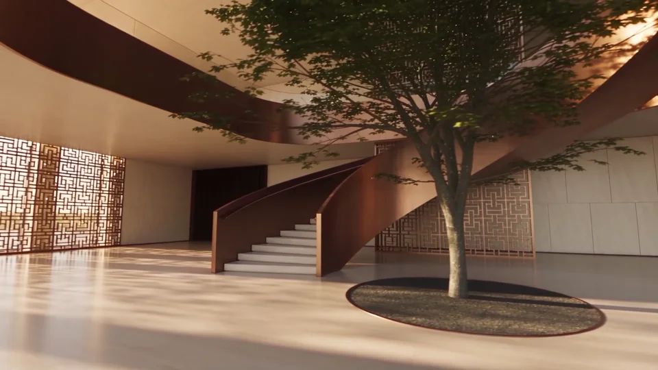 Illustrative architecture: a sunlit atrium and sculptural staircase